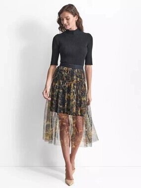 NEW! DKNY Logo Band Leopard Animal Print Sheer Tulle Ruffle Midi Skirt